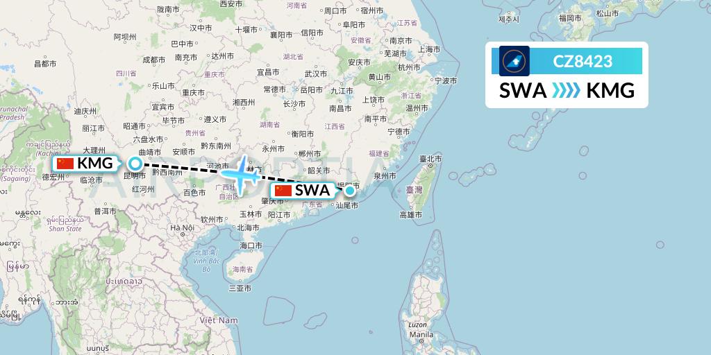 CZ8423 China Southern Airlines Flight Map: Jieyang to Kunming