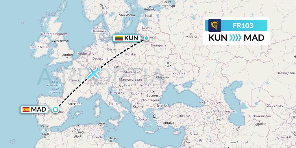 FR103 Ryanair Flight Map: Kaunas to Madrid