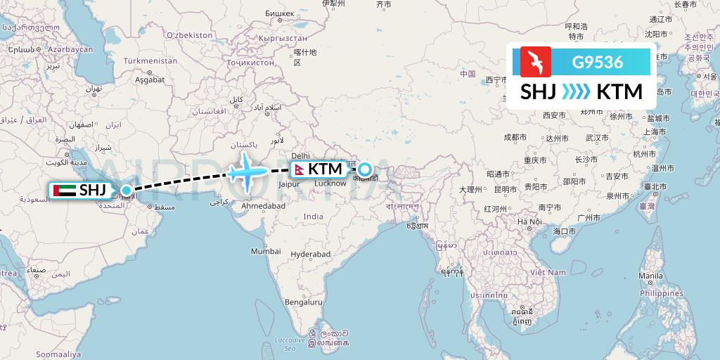 G9536 Air Arabia Flight Map: Sharjah to Kathmandu