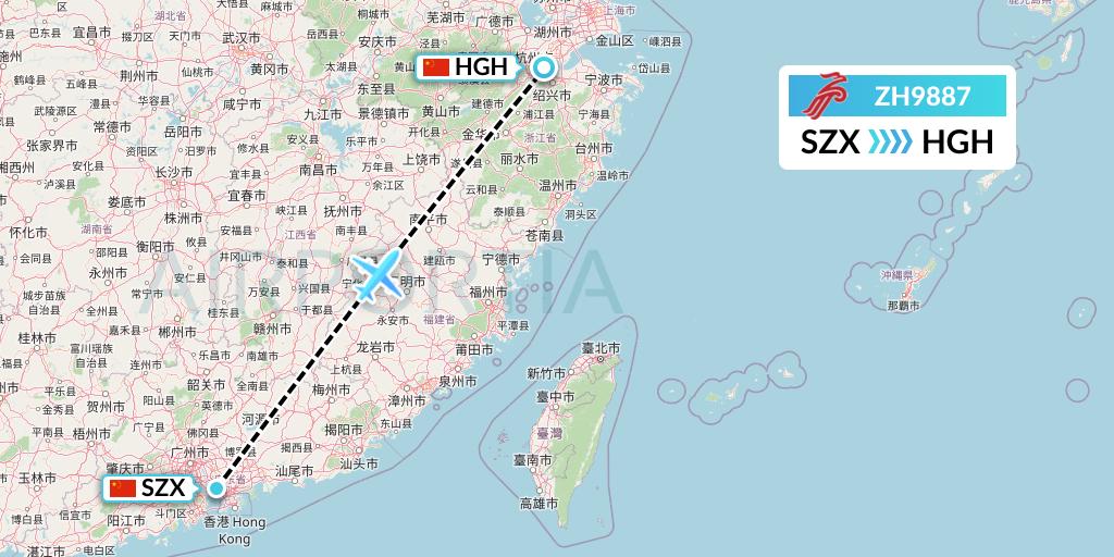 ZH9887 Shenzhen Airlines Flight Map: Shenzhen to Hangzhou