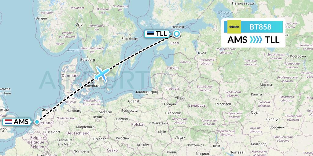 BT858 Air Baltic Flight Map: Amsterdam to Tallinn
