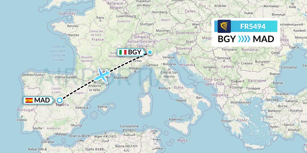 FR5494 Ryanair Flight Map: Milan to Madrid