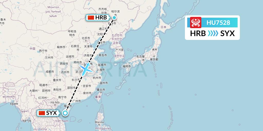 HU7528 Hainan Airlines Flight Map: Harbin to Sanya