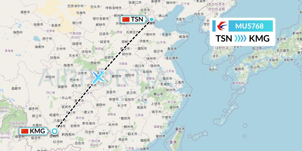MU5768 China Eastern Airlines Flight Map: Tianjin to Kunming
