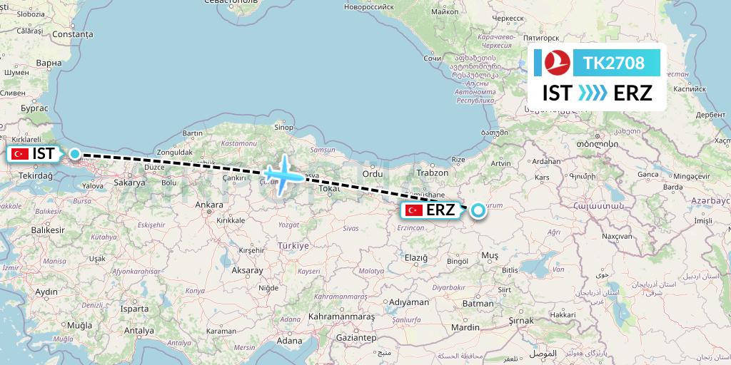TK2708 Turkish Airlines Flight Map: Istanbul to Erzurum