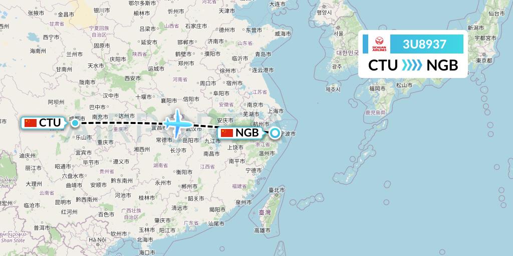 3U8937 Sichuan Airlines Flight Map: Chengdu to Ningbo