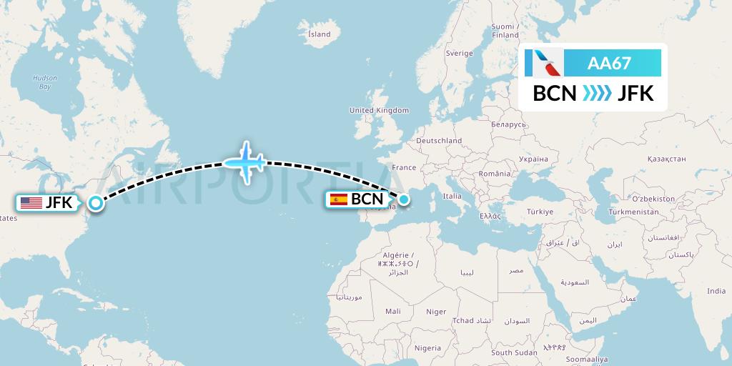 AA67 American Airlines Flight Map: Barcelona to New York