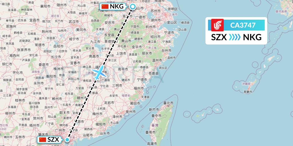 CA3747 Air China Flight Map: Shenzhen to Nanjing