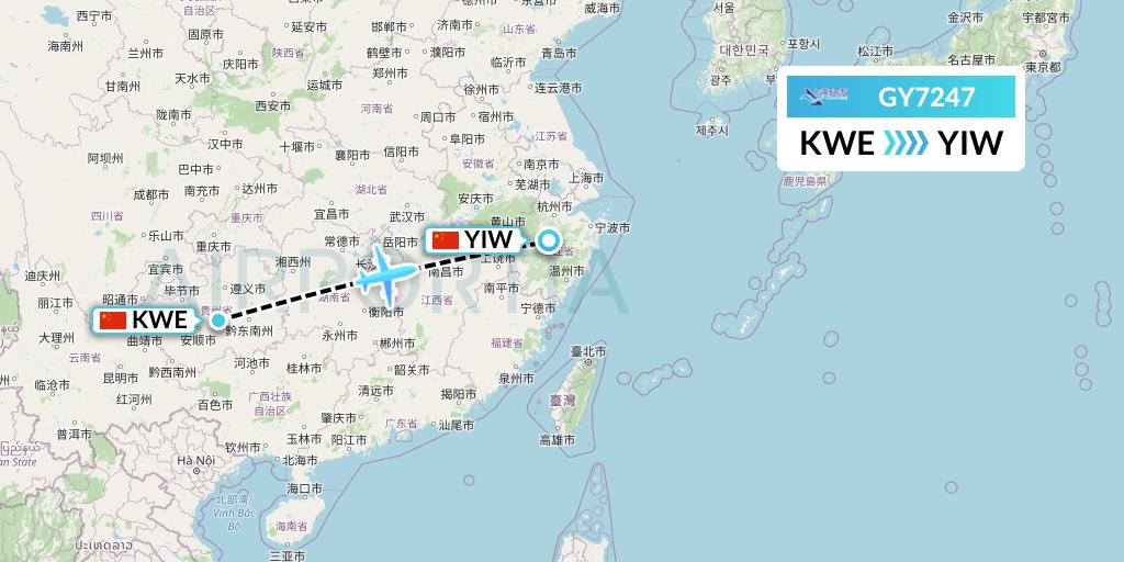 GY7247 Colorful GuiZhou Airlines Flight Map: Guiyang to Yiwu
