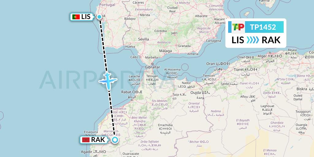 TP1452 TAP Portugal Flight Map: Lisbon to Marrakesh 