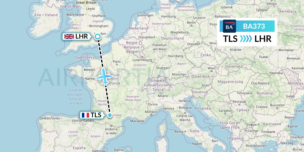 BA373 British Airways Flight Map: Toulouse to London