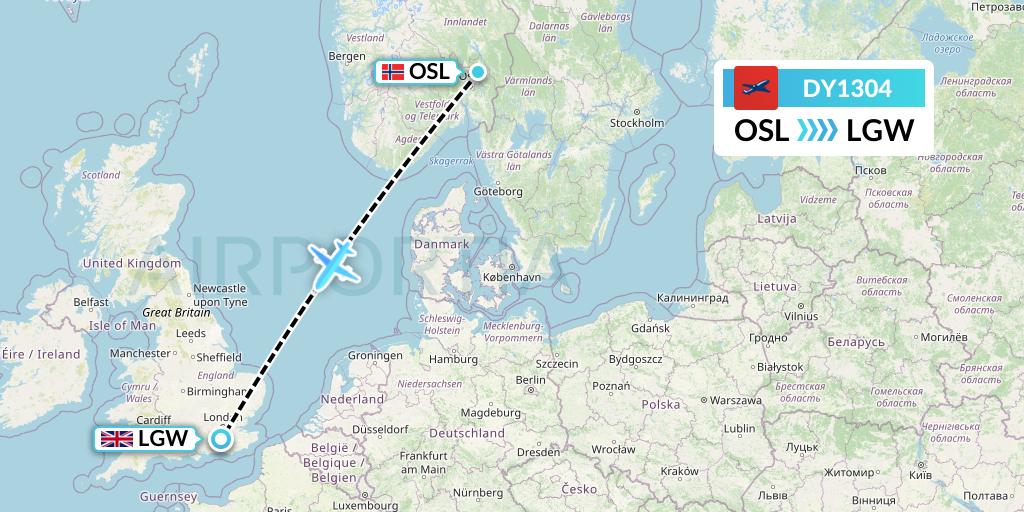 DY1304 Norwegian Flight Map: Oslo to London