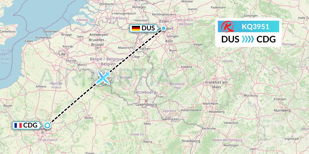 KQ3951 Kenya Airways Flight Map: Dusseldorf to Paris