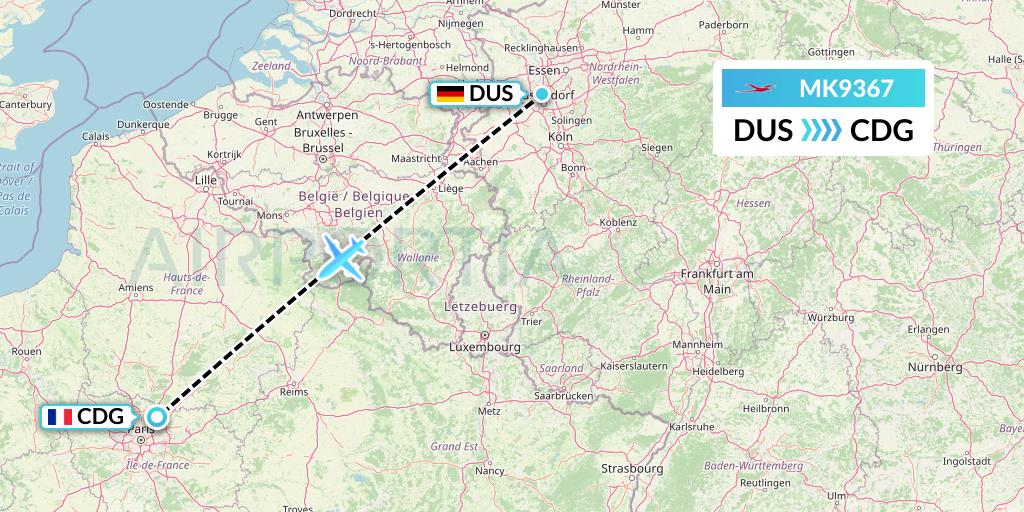 MK9367 Air Mauritius Flight Map: Dusseldorf to Paris