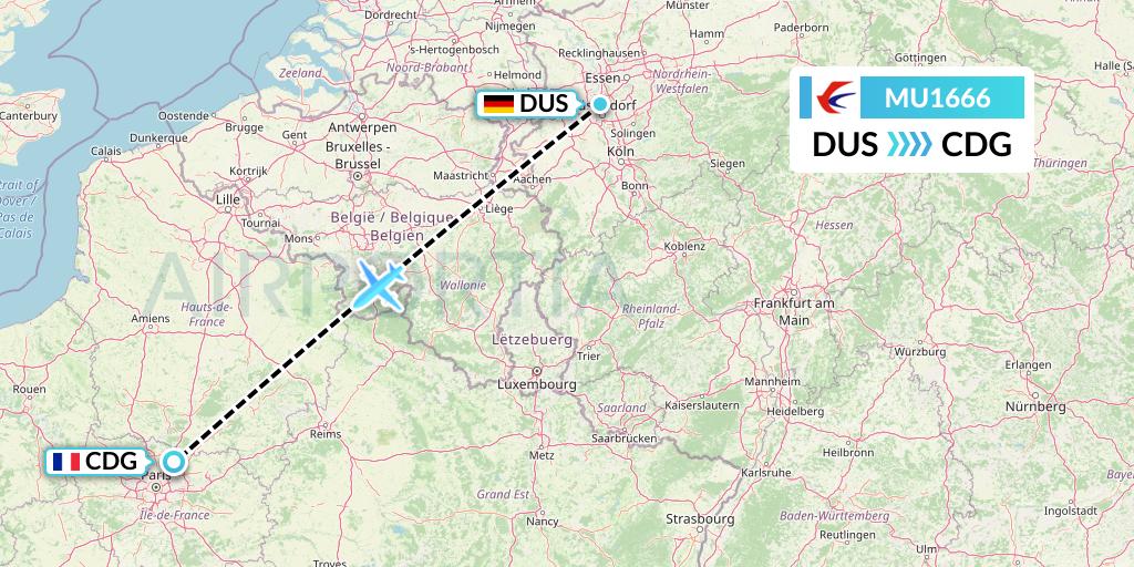 MU1666 China Eastern Airlines Flight Map: Dusseldorf to Paris