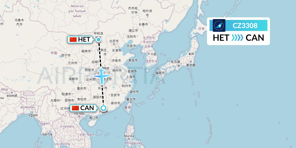 CZ3308 China Southern Airlines Flight Map: Hohhot to Guangzhou