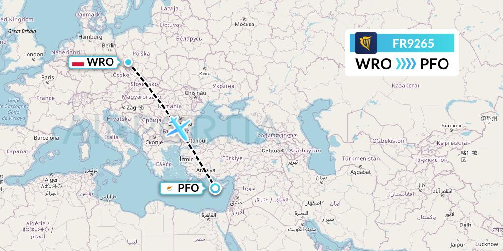 FR9265 Ryanair Flight Map: Wroclaw to Pafos