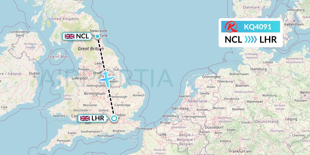 KQ4091 Kenya Airways Flight Map: Newcastle to London
