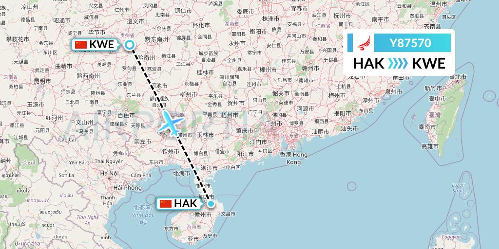 Y87570 Yangtze River Express Flight Map: Haikou to Guiyang