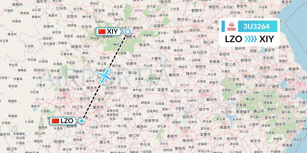 3U3264 Sichuan Airlines Flight Map: Luzhou to Xi'an
