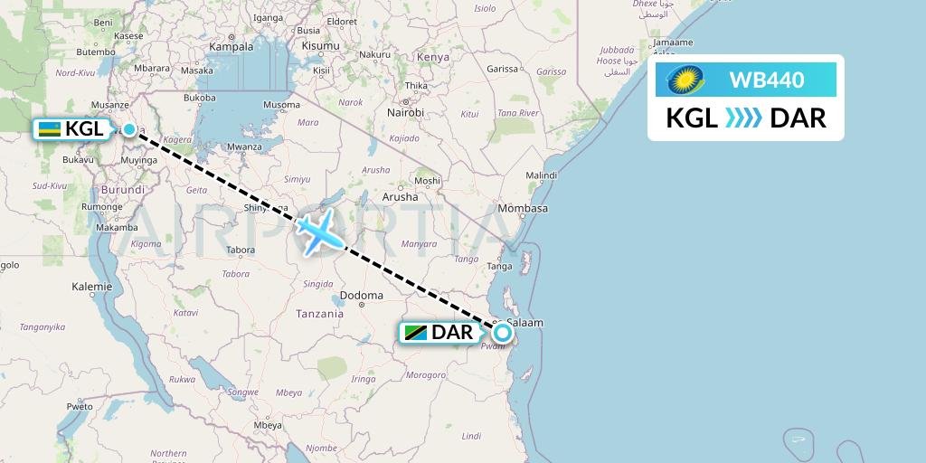 WB440 RwandAir Flight Map: Kigali to Dar-es-Salaam