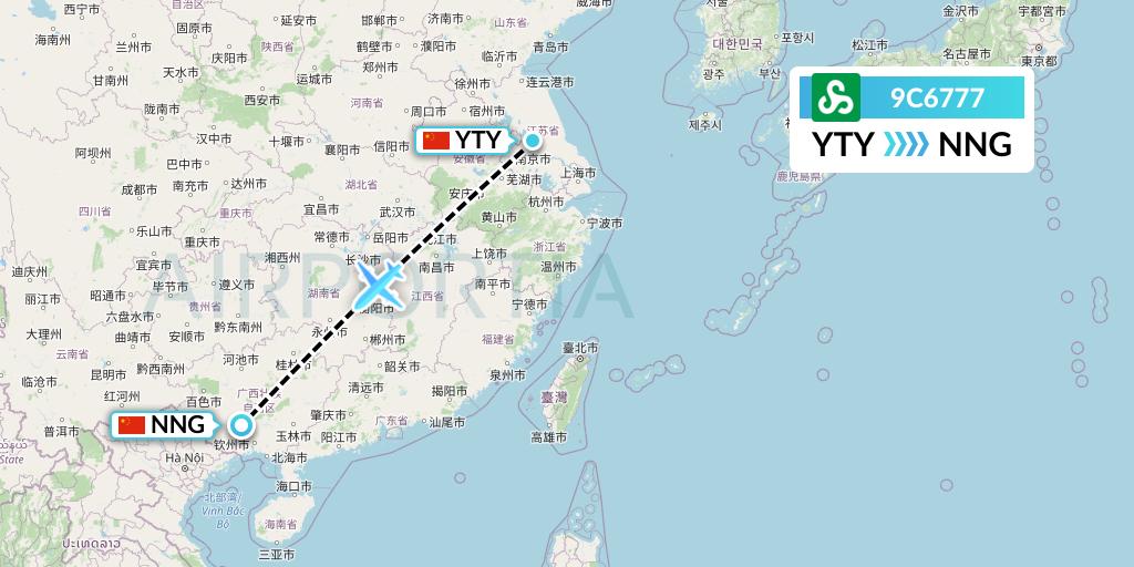 9C6777 Spring Airlines Flight Map: Yangzhou to Nanning