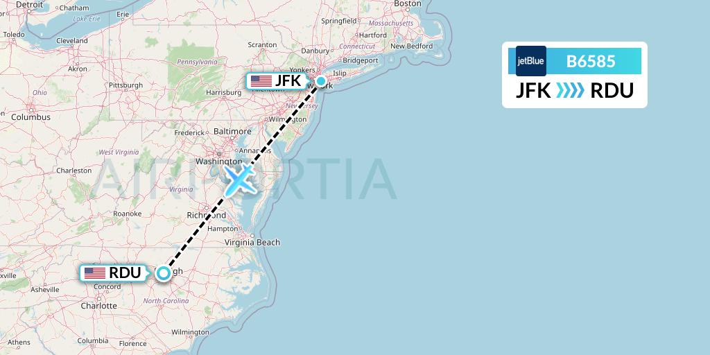B6585 JetBlue Airways Flight Map: New York to Raleigh-Durham