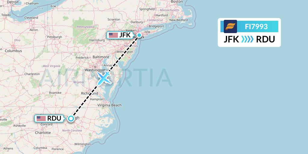 FI7993 Icelandair Flight Map: New York to Raleigh-Durham