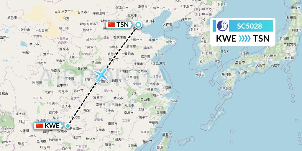 SC5028 Shandong Airlines Flight Map: Guiyang to Tianjin