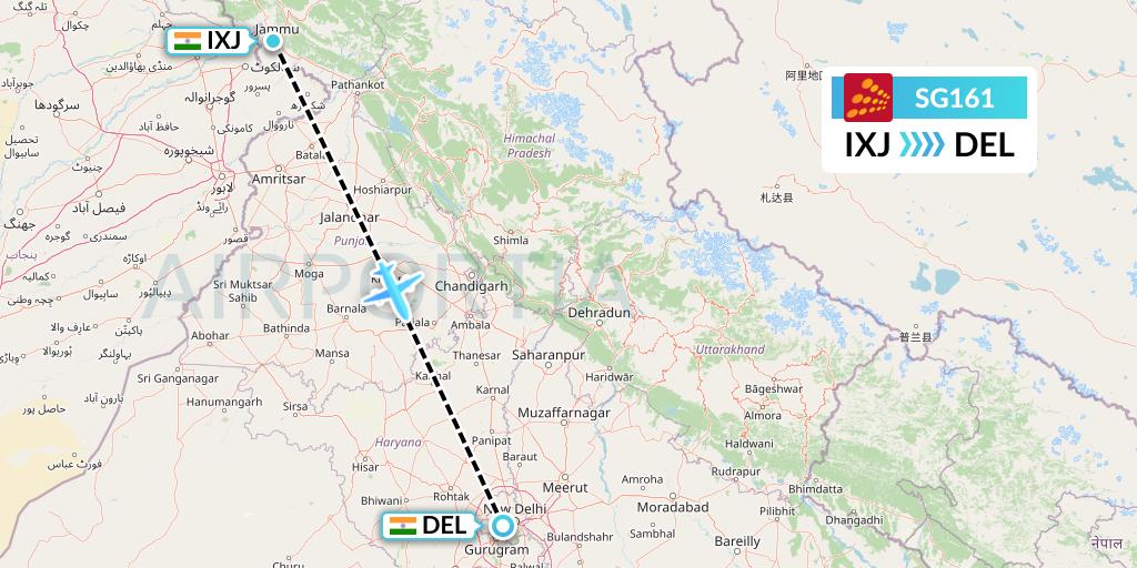 SG161 SpiceJet Flight Map: Jammu to Delhi