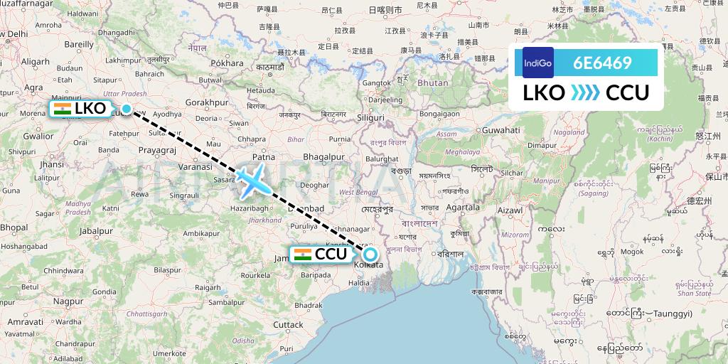 6E6469 IndiGo Airlines Flight Map: Lucknow to Kolkata