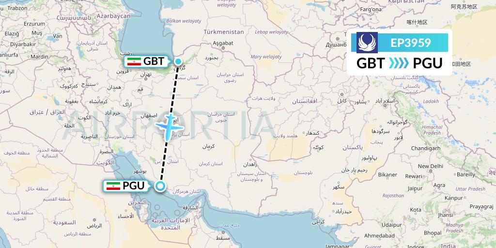 EP3959 Iran Aseman Airlines Flight Map: Gorgan to Assaluyeh