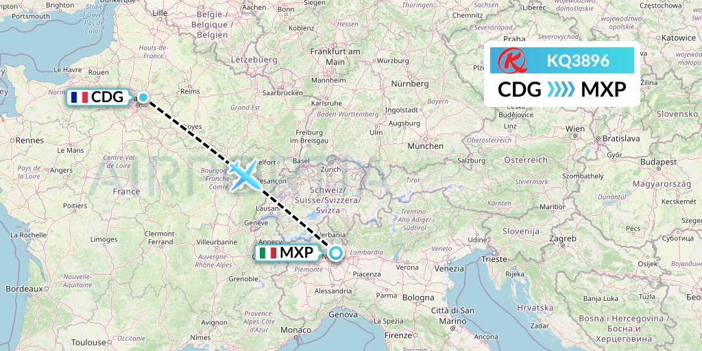 KQ3896 Kenya Airways Flight Map: Paris to Milan
