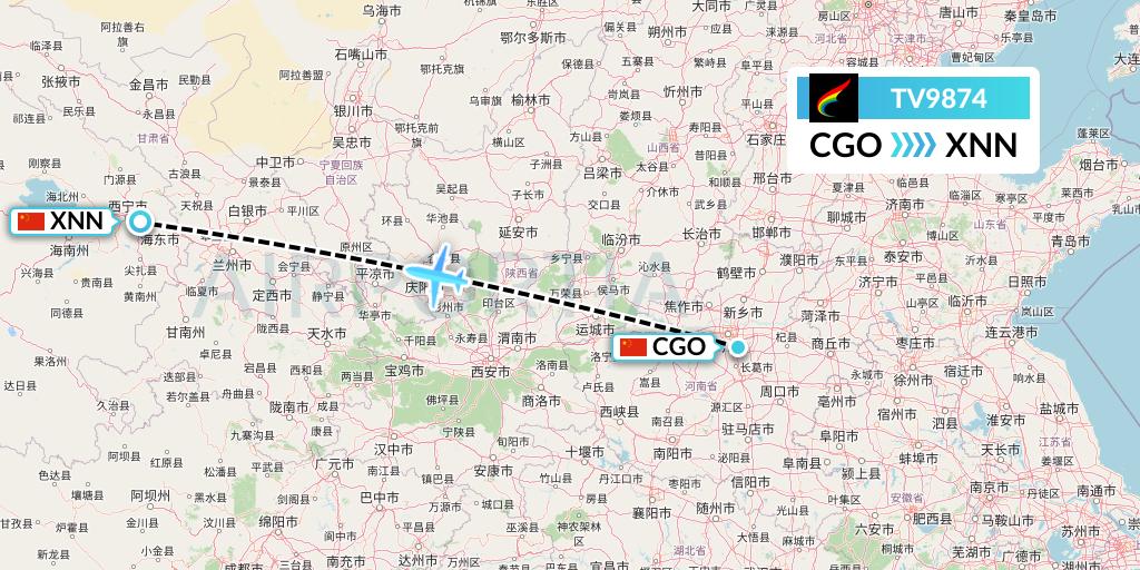 TV9874 Tibet Airlines Flight Map: Zhengzhou to Xining