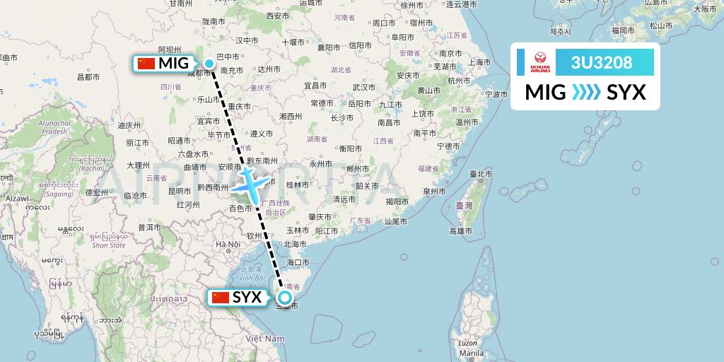 3U3208 Sichuan Airlines Flight Map: Mianyang to Sanya