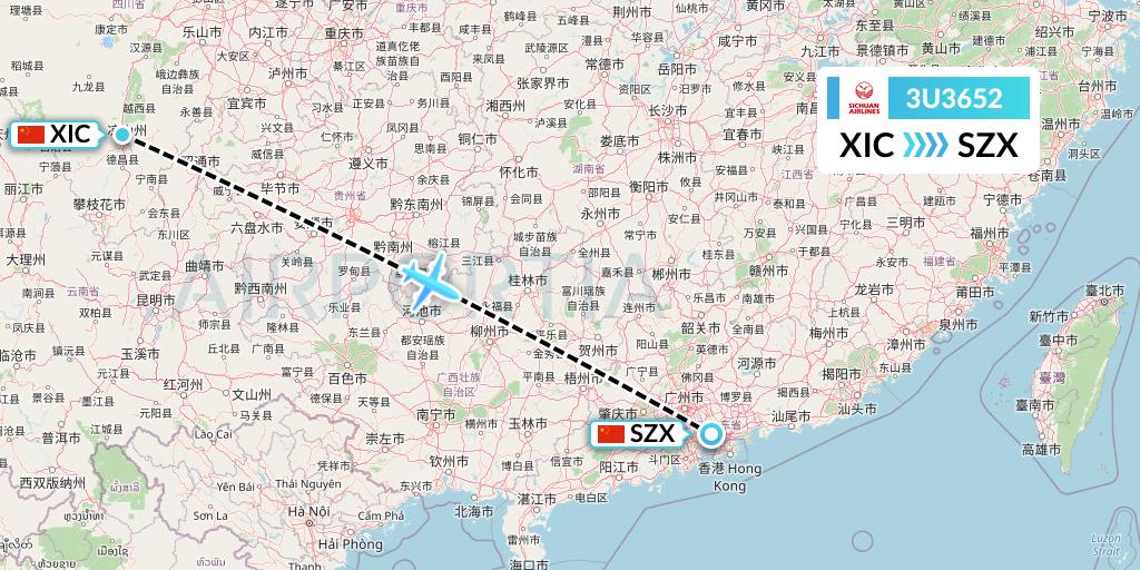 3U3652 Sichuan Airlines Flight Map: Xichang to Shenzhen