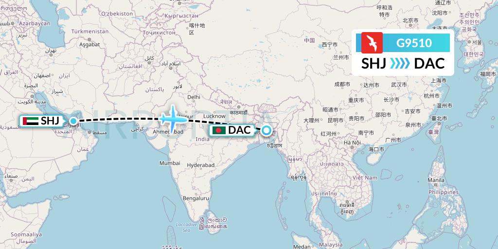 G9510 Air Arabia Flight Map: Sharjah to Dhaka