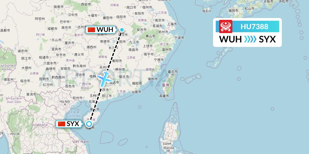 HU7388 Hainan Airlines Flight Map: Wuhan to Sanya