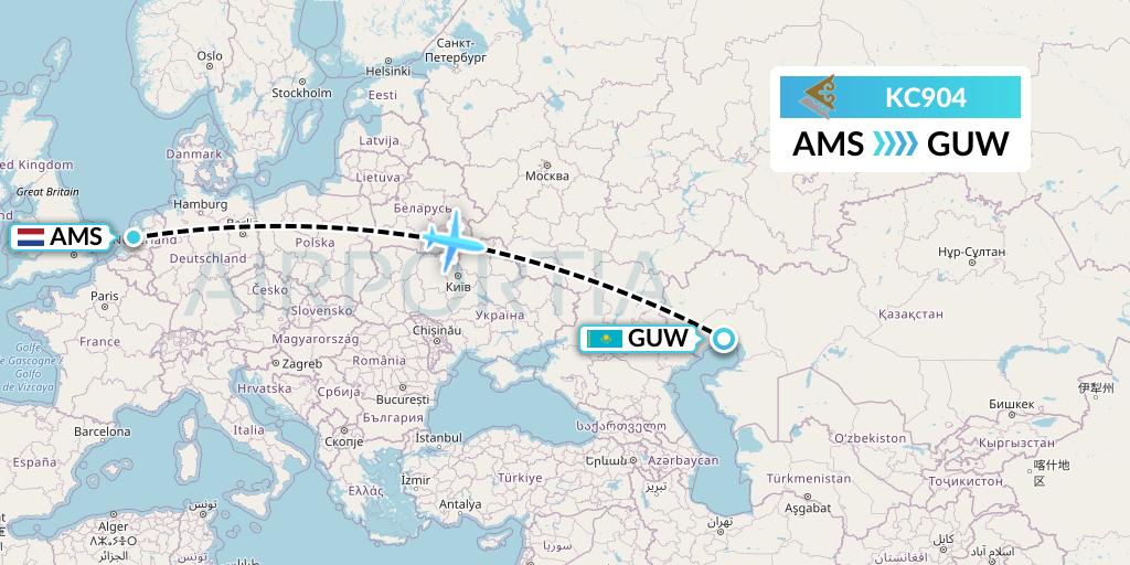 KC904 Air Astana Flight Map: Amsterdam to Atyrau