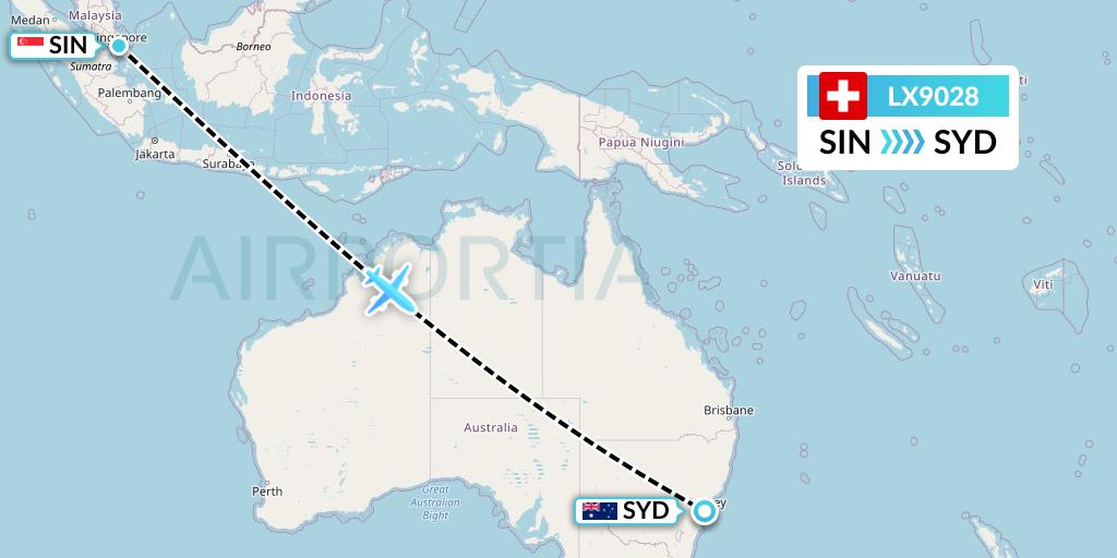 LX9028 Swiss Flight Map: Singapore to Sydney