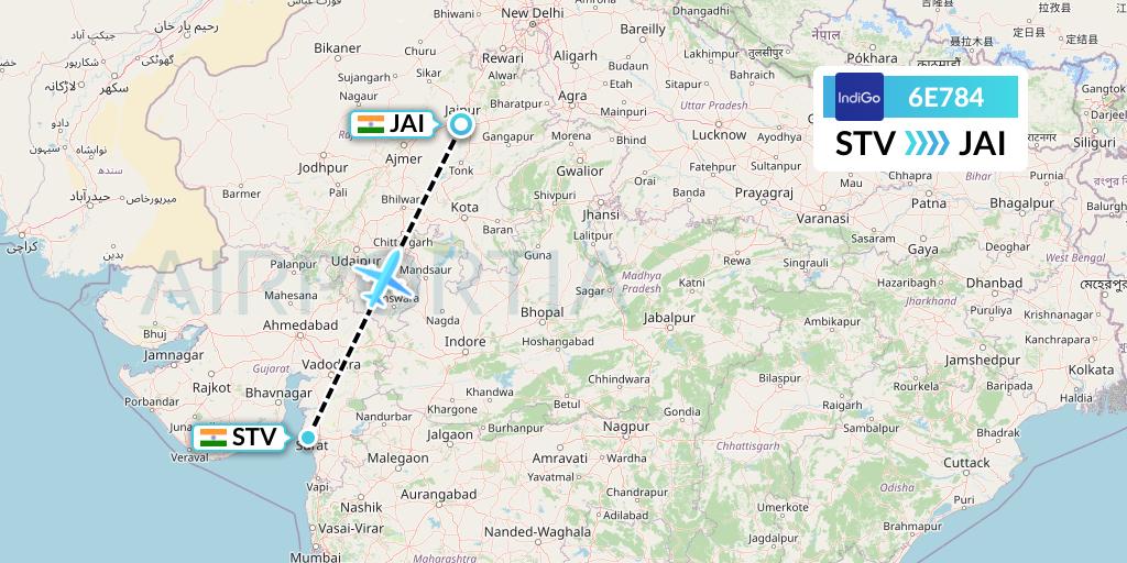 6E784 IndiGo Airlines Flight Map: Surat to Jaipur