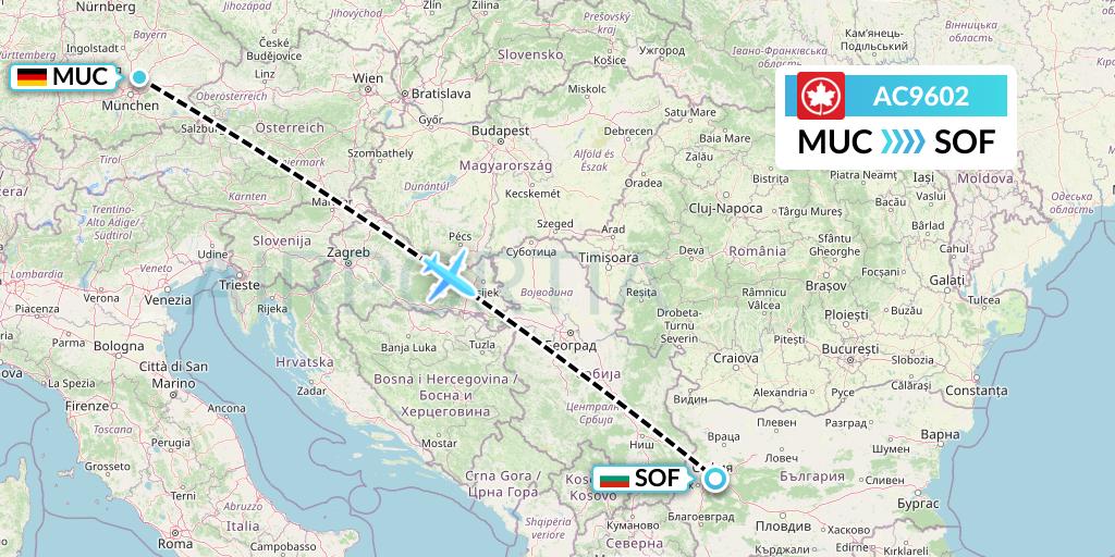 AC9602 Air Canada Flight Map: Munich to Sofia