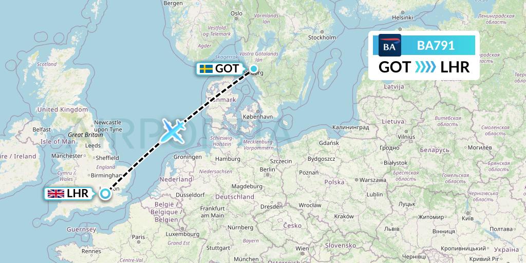 BA791 British Airways Flight Map: Gothenburg to London