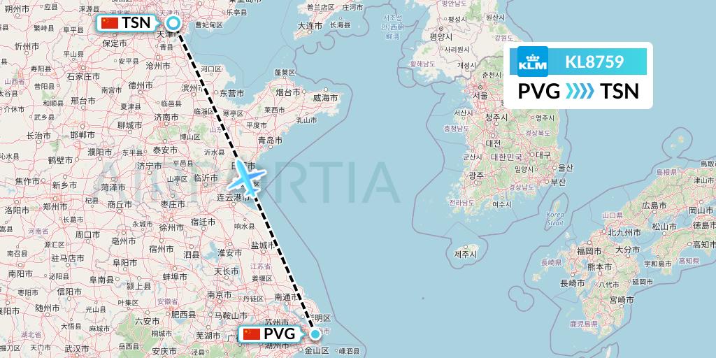 KL8759 KLM Flight Map: Shanghai to Tianjin