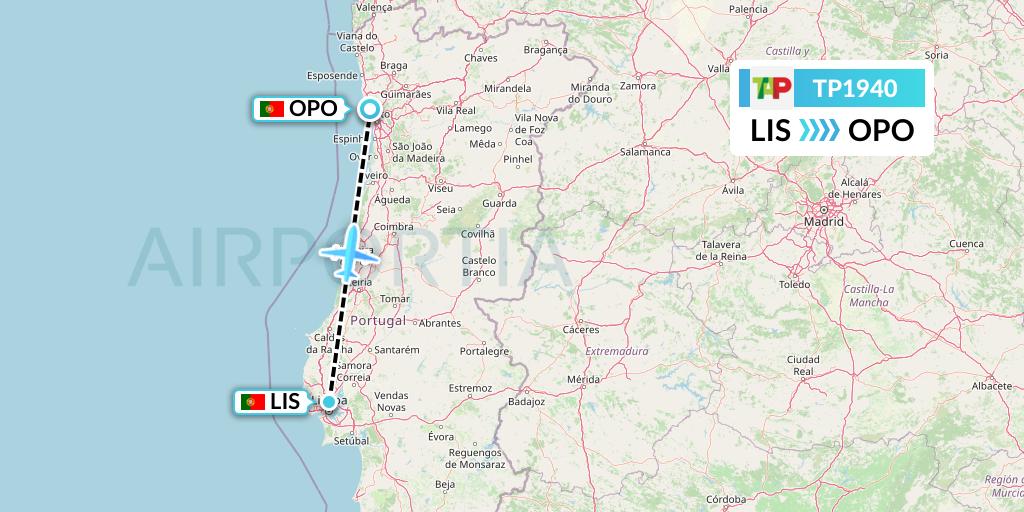 TP1940 TAP Portugal Flight Map: Lisbon to Porto