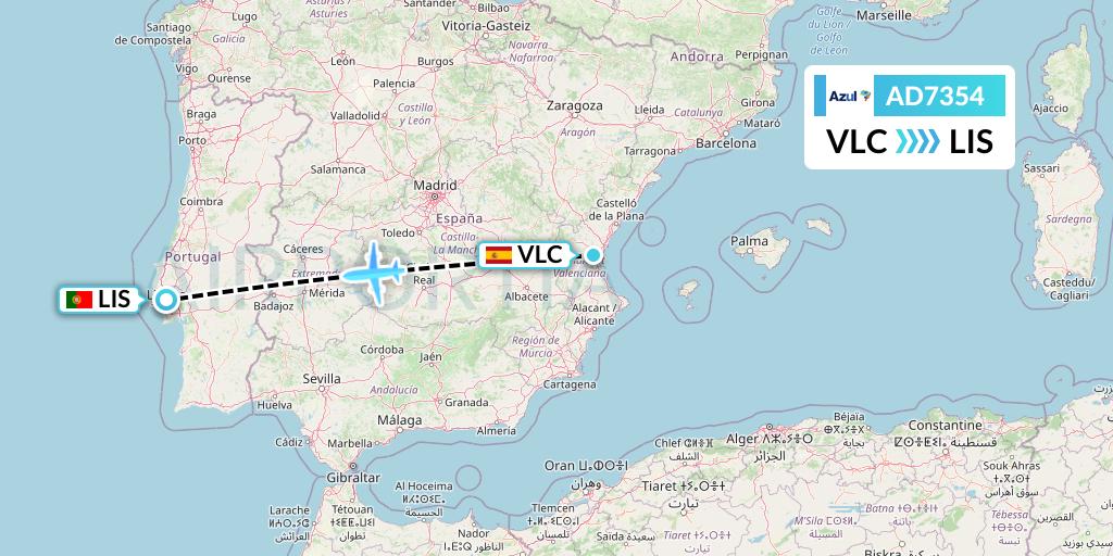 AD7354 Azul Brazilian Airlines Flight Map: Valencia to Lisbon