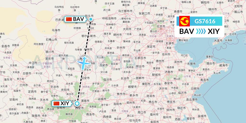 GS7616 Tianjin Airlines Flight Map: Baotou to Xi'an