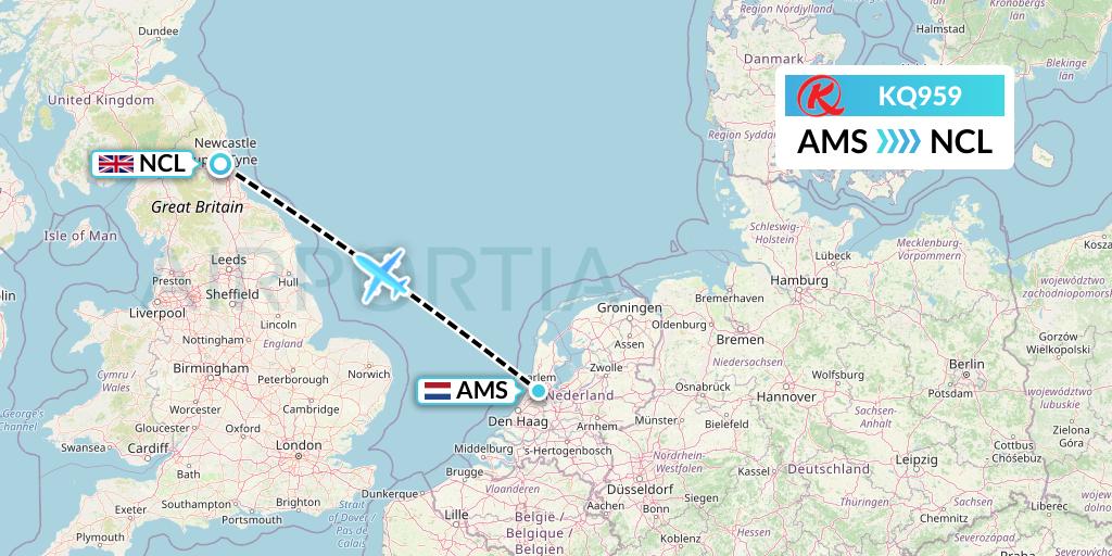 KQ959 Kenya Airways Flight Map: Amsterdam to Newcastle