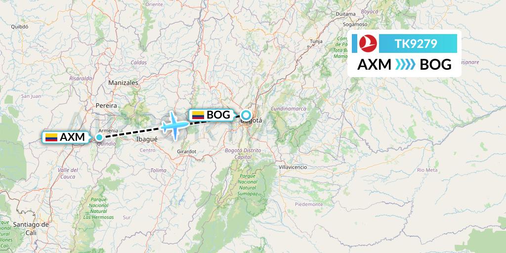 TK9279 Turkish Airlines Flight Map: Armenia to Bogota