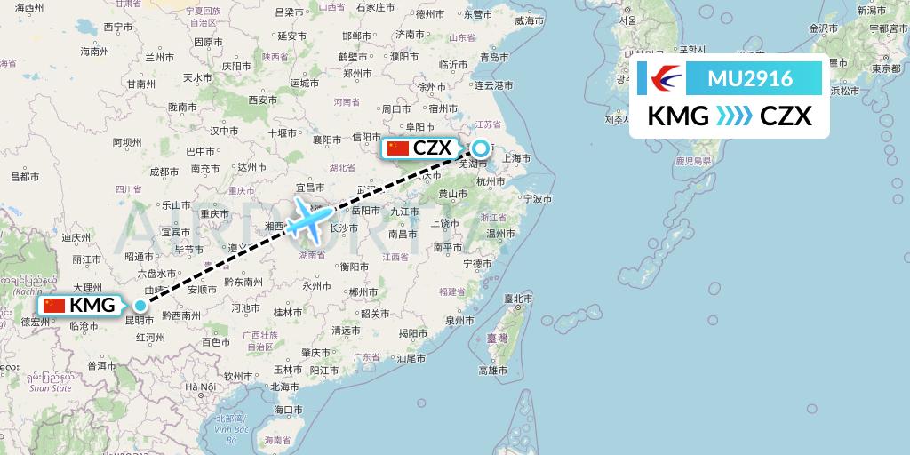 MU2916 China Eastern Airlines Flight Map: Kunming to Changzhou